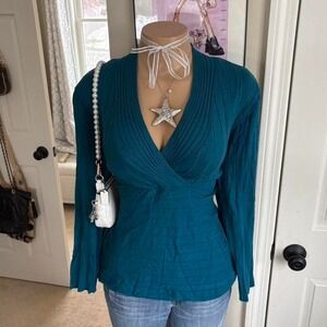 Y2K 2000s fairy Teal wrap knit long sleeve top